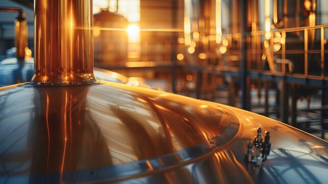 Close up view inside of the modern brewery with beer production equipment