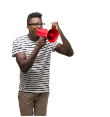 Sticker - Young african american man holding megaphone annoyed and frustrated shouting with anger, crazy and yelling with raised hand, anger concept