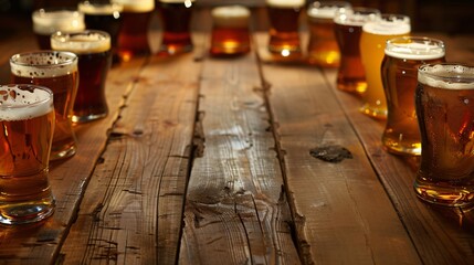 Wall Mural - Frame made of different varieties of beer pints placed on a wooden table with copy space in the middle