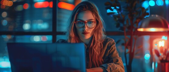 Poster - Businesswoman sitting at a desk working on laptop computer in big city office. Confident digital entrepreneur working on creative e-commerce startup.