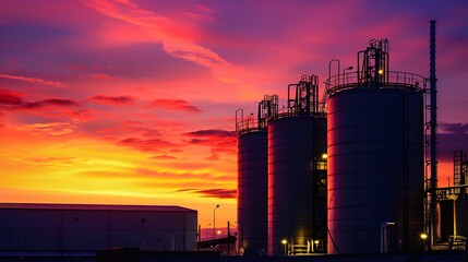 Wall Mural - Close up of the brewery against a colorful sunset with the glow of lights from within