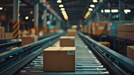 Closeup of multiple cardboard box packages seamlessly moving along a conveyor belt in a warehouse fulfillment center, a snapshot of e-commerce, delivery, automation, and products.