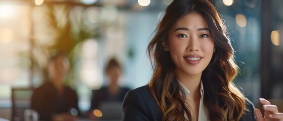 Poster - In an office conference room meeting, a disparate team of top managers brainstorms, uses tablets and celebrates and applauds successful solutions. Asian businesswoman presents investment strategy to