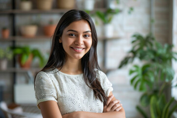 Wall Mural - Confident young woman smiling in a bright indoor setting