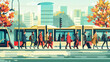 City life hustle Commuters boarding a tram