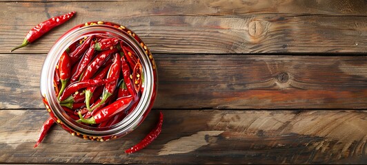 Wall Mural - Pickled chili peppers in a jar. Food supplies. View from above. On a wooden background. place for text. 