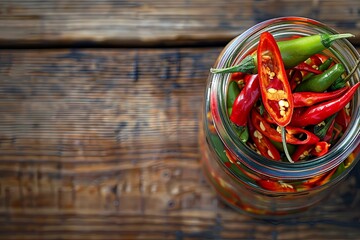 Wall Mural - Pickled chili peppers in a jar. Food supplies. View from above. On a wooden background. place for text. 