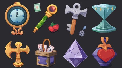 Wall Mural - Symbols for gui of rpg computer or mobile games, including key, clock, playing cards, money and gear.