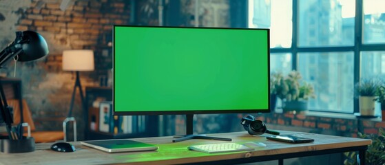 Poster - Cozy Empty Loft Apartment with a Lamp, Notebooks, Smartphone and Headphones on the Table. Computer Monitor Stand on a Table displaying a Green Screen Chromakey Mock Up Display.
