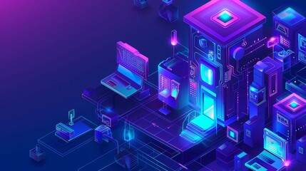 Poster - Isometric landing page for business management system, building automation and mechanical and electrical control system, 3D modern line art web banners for business management systems