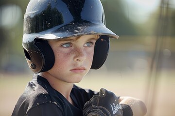 Focused Young Baseball Player in Helmet Holding Glove
