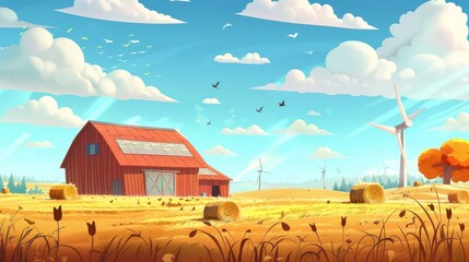 Wall Mural - Flowing hay stacks on a field, countryside farmland peaceful summertime or fall landscape, with a barn on a farm and chickens. Modern illustration.