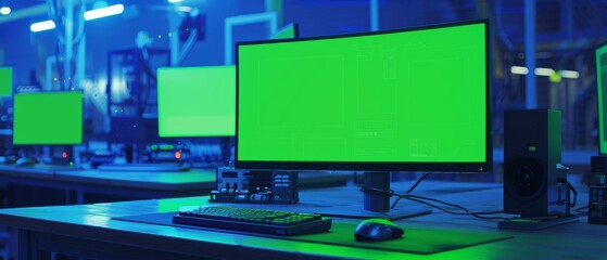 Poster - A factory office shows a set of engineers drawing a 3D model of a heavy industry machine part using a computer CAD software. Displayed in one monitor is a mock up template featuring a green screen.