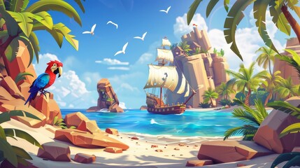 Wall Mural - With cartoon illustration of a pirate bird on a beach of tropical island with rocks, palm trees, and a wooden sailboat, this banner represents a pirate cruise on a tropical island.