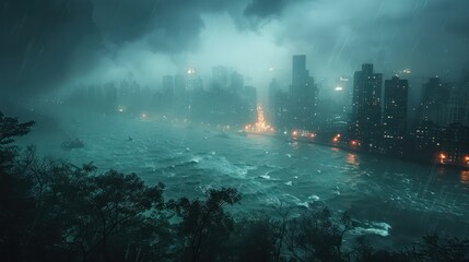 Wall Mural - Heavy rain and strong winds blow trees in the city. Dark storm clouds overhead.