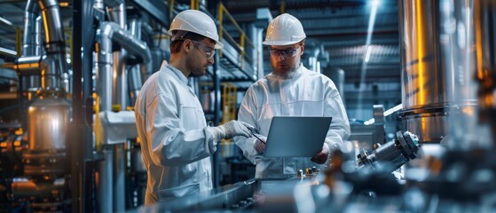 Poster - engineering professionals using laptop computers in a heavy industry factory, configuring production