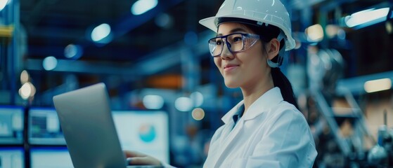 Poster - In a white hard hat, a smiling Asian woman stands with a laptop computer at an electronic manufacturing plant. Focusing on a PC screen, the employee is happy and confident.