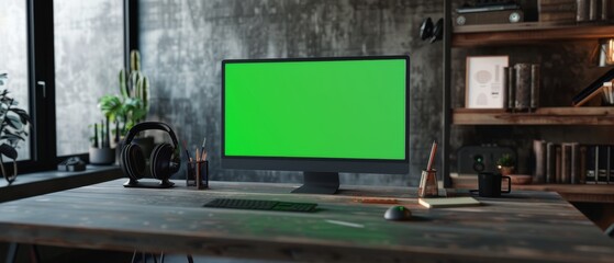 Poster - A green screen mock-up monitor stands on a desk with a keyboard, mouse, pens, notebooks and headphones. Cozy home office in a loft living room.