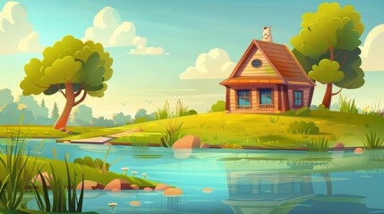 Wall Mural - The small wooden cottage with porch and lake is on a hill in the countryside with a pond, green grass and trees. A modern cartoon illustration of a summer or spring scene of the countryside.