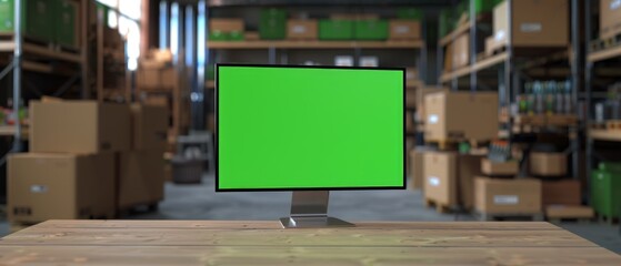 Poster - Computer monitor sitting on a table with chromakey mockup display behind it. Small business warehouse in the background. Desk with cardboard boxes on it.