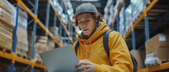 Poster - Using a laptop, an inventory manager prepares a small parcel for postage. A young postman comes to pick up a package for a client.