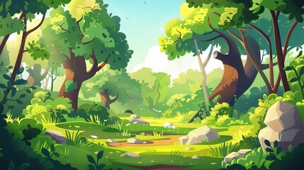 Wall Mural - An illustration of summer forest scenes with trees, bushes, stones, and a glade. Illustration of deep woods scenes with trees, bushes, stones, and sunlight.