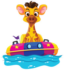 Wall Mural - Cartoon giraffe enjoying a ride on a watercraft