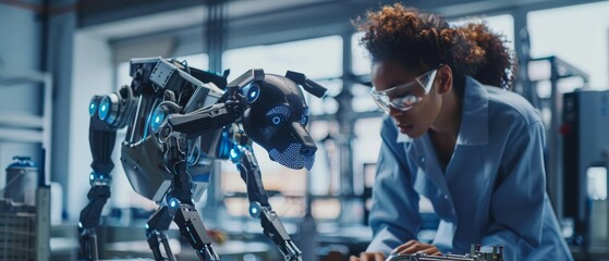Poster - Multicultural Team of Engineers Work On Industrial Programmable Robot Dog in a Factory Development Workshop. Tech Facility with Machines, Computers, and Research Equipment.