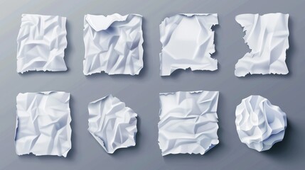 Poster - Realistic 3D modern set with white glued stickers, crumpled papers and wrinkled emblems. Blank shrunken labels with rounded corners, wrinkled emblems with curve edges.