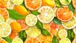 Detailed textures of orange, lemon slices and peel. Seamless patterns of citrus fruit pieces and skin. Modern backgrounds of tropical fruit and orange rind for games.