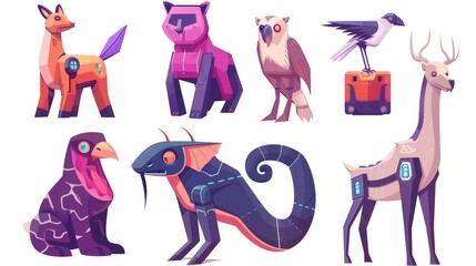 Poster - Modern cartoon set of futuristic pets cyborgs, purple mechanic serpent, bird, leopard, stag, octopus and snake robots. Modern set of futuristic pets cyborgs.