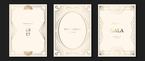 Wall Mural - art deco invitation card background vector. elegant classic antique design, gold frame gradient on l