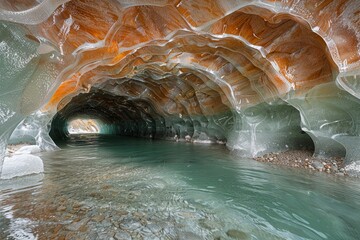 Poster - A colorful ice cave with a smooth water surface reflecting the stunning hues and textures overhead