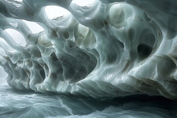 Poster - Ephemeral beauty of a sculptural ice cave with smooth walls resembling waves, illuminated by natural light