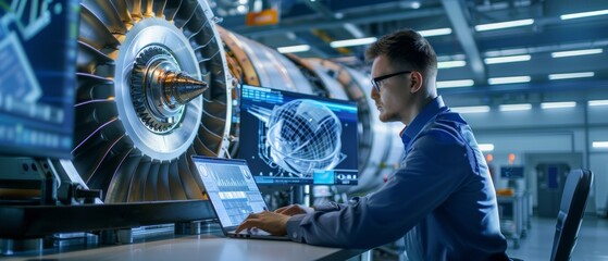 Poster - an engineer researching and analyzing how a futuristic turbofan motor works using a laptop computer.
