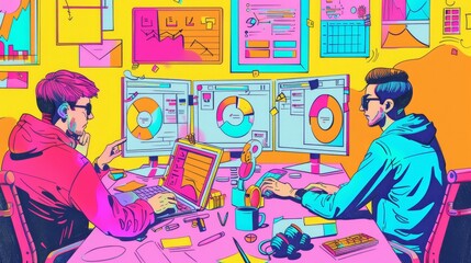 Poster - Statistical charts, graphs, and diagrams of sales management operational reports analyzed by analysts. Line art modern illustration of sales management operational reports by team.