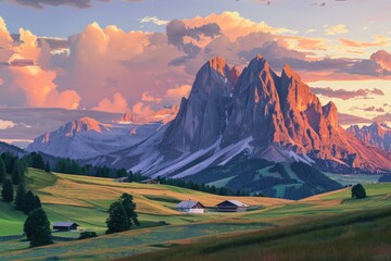 Poster - Scenic painting of a mountain range with a barn in the foreground. Suitable for nature and landscape themes