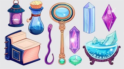 Wall Mural - A modern banner with cartoon illustrations of wizard equipment, mage book, elixir flask, crystal, pendant and a cauldron with potions. Modern vertical banner with cartoon illustration of wizard