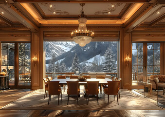 Wall Mural - Spacious formal dining room featuring a long wooden table, high-backed chairs, and a statement chandelier