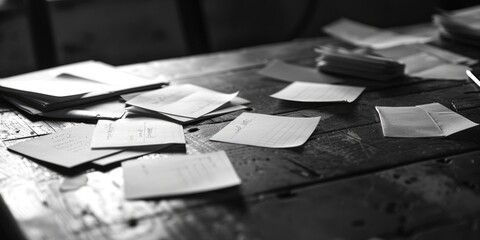 Aufkleber - A cluttered wooden table with scattered papers. Perfect for office or education concepts