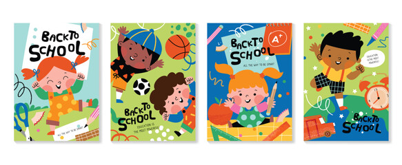 Back to school cover vector set. Background design with children and education accessories element. Kids hand drawn flat design for poster, wallpaper, website and cover template. 