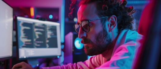 Poster - research and development department writing software code for an innovative internet project as a po