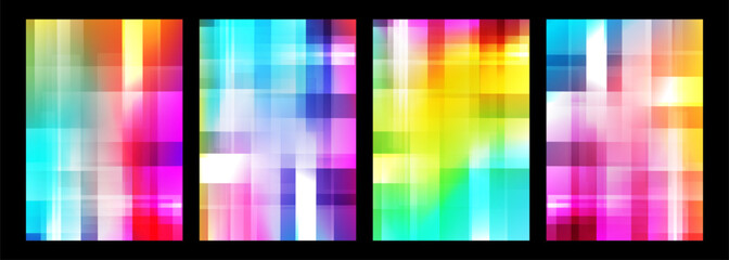 Poster - Blurred bright colored abstract backgrounds with vertical and horizontal dynamic lines. Futuristic defocused vibrant color gradients for creative graphic design. Vector illustration.