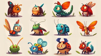 Wall Mural - Cartoon insects characters mole, dragonfly, bedbug, butterfly, ladybug, ant, colorado and rhinoceros beetle with smiling faces. Cartoon wild creatures with smiling faces, mascot, kids design