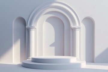 Aufkleber - A white podium with columns and arches in a room. Perfect for showcasing products or presentations