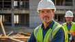 © The A.I Studio - Portrait of a construction worker wearing hard hat and vest with a construction site in the background