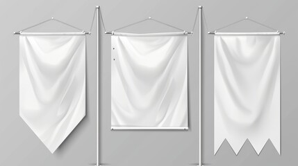 Poster - An advertisement textile banner hanging on a metal frame and stand with white vinyl banners, a triangle flag, and pennants. Modern realistic mockup.
