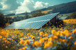 Agrivoltaic farming: photovoltaic solar panel modules interconnected in a meadow full of flowers, producing energy and growing crops underneath