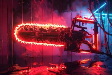Poster - A chainsaw illuminated with neon lights. Perfect for industrial or horror-themed designs