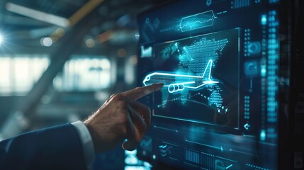 In the realm of business and technology, imagine a scenario where a businessman interacts with a transport icon displayed on a virtual screen symbolizing logistics and import. 